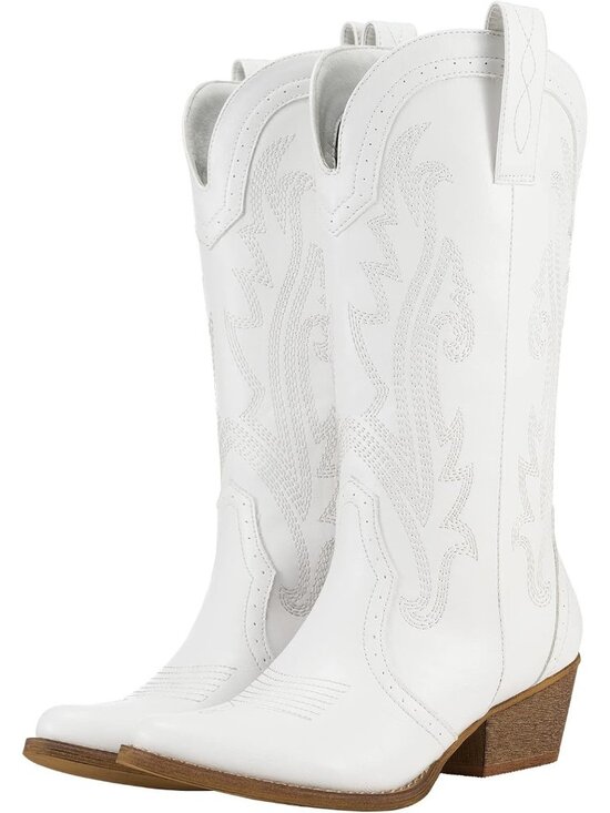 Shoes - Women's White Cowgirl Boots Comfortable Western with Pointed Toe Embroidery